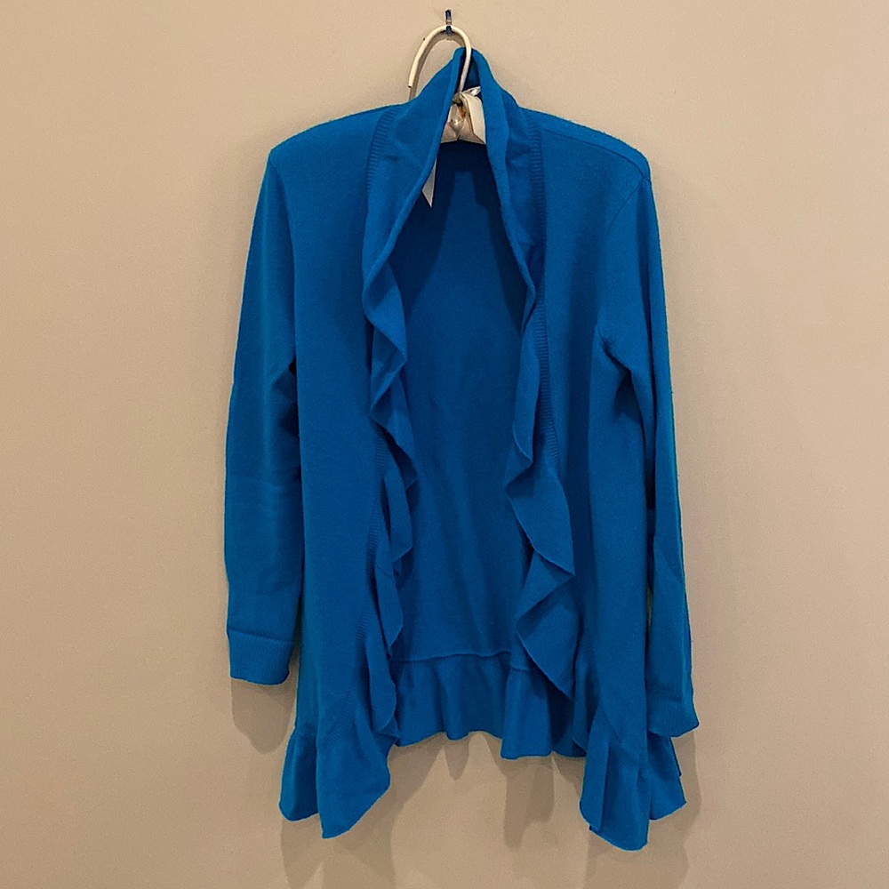Vibrant teal (greenish blue) color cashmere sweater with ruffled trim.